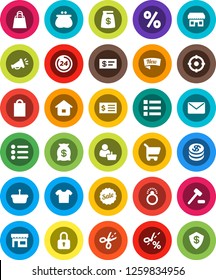 White Solid Icon Set- receipt vector, dollar coin, wallet, money bag, sale, new, 24 hour, shopping, percent, store, customer, target, basket, cart, home, auction, mail, loudspeaker, lock, check