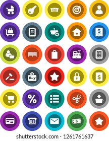White Solid Icon Set- receipt vector, credit card, cash, star, sale, shopping bag, percent, customer, support, target, buy, barcode, cashbox, basket, cart, home, list, auction, trolley, mail, lock