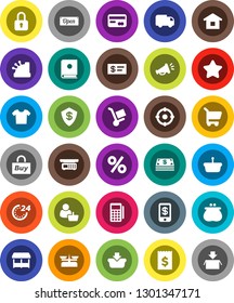 White Solid Icon Set- receipt vector, credit card, wallet, cash, star, open, 24 hour, percent, market, customer, target, buy, reader, cashbox, basket, cart, home, trolley, delivery, catalog, lock