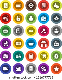 White Solid Icon Set- receipt vector, gift, money bag, sale, percent, mall, customer, target, buy, card reader, cashbox, basket, cart, shopping list, calculator, auction, delivery, mail, unlock