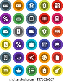 White Solid Icon Set- receipt vector, credit card, dollar coin, wallet, sale, closed, shopping bag, percent, mall, target, barcode, reader, basket, home, list, calculator, trolley, delivery, mail