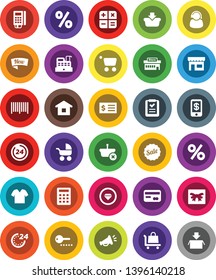 White Solid Icon Set- receipt vector, gift, credit card, sale, new, 24 hour, percent, store, mall, support, barcode, reader, cashbox, basket, cart, home, shopping list, calculator, trolley, tap pay