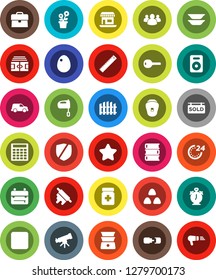 White Solid Icon Set- rolling pin vector, mixer, double boiler, plates, cereal, egg, book, ruler, backpack, telescope, alarm clock, case, calculator, stadium, office, car, protected, speaker, group