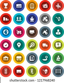 White Solid Icon Set- route vector, earth, map pin, Railway carriage, office, satellite, money, traffic light, client, traking, truck trailer, delivery, calendar, clipboard, document, glass, cargo