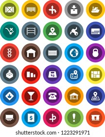 White Solid Icon Set- route vector, navigator, earth, map pin, attention, satellite, traffic light, phone, ship, truck trailer, sea container, calendar, receipt, wood box, consolidated cargo, glass