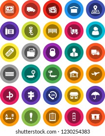 White Solid Icon Set- route vector, signpost, navigator, attention, office, plane, money, traffic light, phone, 24, support, client, sea container, delivery, car, clipboard, document, cargo, dry
