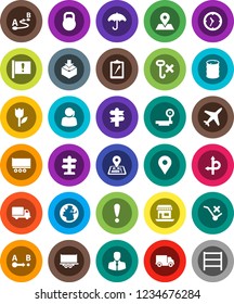 White Solid Icon Set- route vector, signpost, navigator, earth, map pin, attention, office, plane, support, client, truck trailer, delivery, clock, clipboard, umbrella, no trolley, hook, tulip