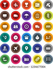 White Solid Icon Set- route vector, navigator, map pin, plane, satellite, phone, truck trailer, sea container, delivery, car, clock, consolidated cargo, clipboard, glass, umbrella, dry, no trolley
