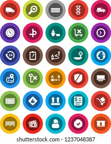 White Solid Icon Set- route vector, navigator, earth, money, traffic light, phone 24, support, truck trailer, sea container, car, clock, receipt, port, wood box, clipboard, cargo, top sign, hook