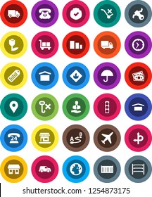 White Solid Icon Set- route vector, earth, map pin, office, plane, satellite, money, traffic light, phone, 24, client, sea container, delivery, car, clock, cargo, umbrella, dry, no trolley, hook
