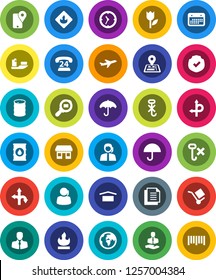 White Solid Icon Set- route vector, navigator, earth, office, plane, phone 24, support, client, traking, ship, clock, calendar, document, cargo, umbrella, dry, no hook, tulip, protected, flammable