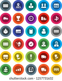 White Solid Icon Set- route vector, navigator, map pin, attention, office, support, client, sea container, delivery, car, clock, calendar, wood box, document, glass, cargo, top sign, tulip, package