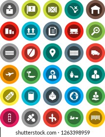 White Solid Icon Set- route vector, earth, map pin, Railway carriage, attention, plane, satellite, traffic light, support, client, sea container, car, port, wood box, document, top sign, no trolley