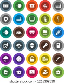 White Solid Icon Set- route vector, sea container, clock, umbrella, Railway carriage, microphone, radio, remote control, touchscreen, notebook pc, insemination, crutches, hospital building, barn