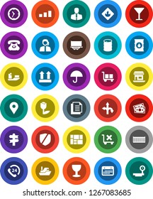 White Solid Icon Set- route vector, signpost, map pin, office, money, phone, 24, support, client, ship, truck trailer, sea container, clock, calendar, consolidated cargo, document, glass, umbrella