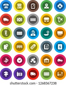 White Solid Icon Set- route vector, signpost, map pin, office, satellite, phone, 24, support, traking, truck trailer, sea container, delivery, car, receipt, wood box, clipboard, document, no hook