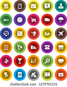 White Solid Icon Set- route vector, attention, office, plane, satellite, phone, 24, client, traking, ship, truck trailer, delivery, clock, port, consolidated cargo, clipboard, glass, umbrella, tulip