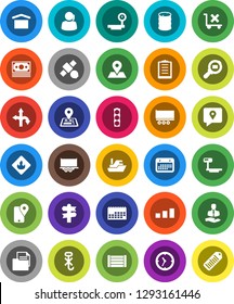 White Solid Icon Set- route vector, signpost, navigator, map pin, satellite, money, traffic light, support, client, traking, ship, truck trailer, clock, calendar, wood box, clipboard, document, hook