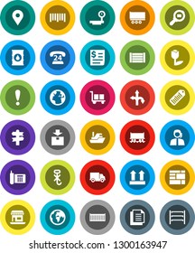 White Solid Icon Set- route vector, signpost, earth, map pin, Railway carriage, attention, office, phone, 24, support, ship, truck trailer, sea container, delivery, receipt, wood box, document
