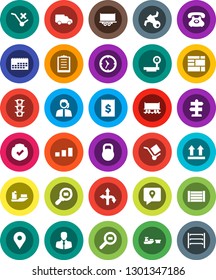 White Solid Icon Set- route vector, signpost, map pin, Railway carriage, satellite, traffic light, phone, support, client, traking, ship, truck trailer, car, clock, calendar, receipt, port, wood box