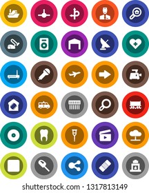 White Solid Icon Set- route vector, Railway carriage, plane, ship, cinema clap, disk, microphone, speaker, rec button, heart cross, crutches, patch, amkbulance car, tooth, doctor, connect, hub, barn