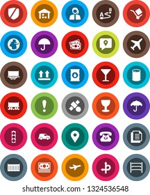 White Solid Icon Set- route vector, earth, map pin, Railway carriage, attention, plane, satellite, money, traffic light, phone, support, traking, truck trailer, sea container, car, document, glass
