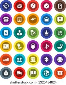 White Solid Icon Set- route vector, signpost, earth, attention, office, plane, money, phone, 24, client, traking, delivery, clock, receipt, consolidated cargo, clipboard, dry, top sign, no trolley