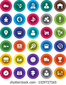 White Solid Icon Set- route vector, signpost, earth, map pin, attention, office, satellite, money, phone 24, support, client, ship, delivery, car, clock, port, glass, cargo, dry, no trolley, hook