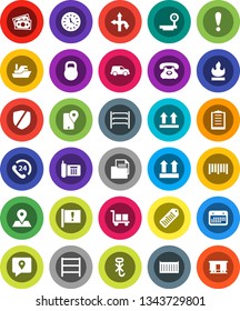 White Solid Icon Set- route vector, map pin, attention, money, phone, 24, traking, ship, sea container, car, clock, calendar, clipboard, document, cargo, top sign, no hook, protected, weight
