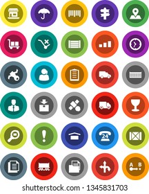 White Solid Icon Set- route vector, signpost, map pin, Railway carriage, attention, office, satellite, phone 24, support, client, sea container, delivery, car, clock, wood box, clipboard, document