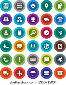 White Solid Icon Set- route vector, signpost, earth, map pin, attention, satellite, phone 24, support, traking, truck trailer, sea container, delivery, car, calendar, receipt, port, clipboard