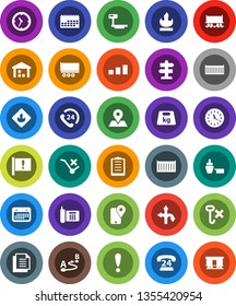 White Solid Icon Set- route vector, signpost, map pin, Railway carriage, attention, phone, 24, traking, truck trailer, sea container, clock, calendar, port, clipboard, document, no trolley, hook