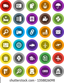 White Solid Icon Set- route vector, plane, traking, delivery, consolidated cargo, umbrella, search, internet, classic phone, flask, pills, hospital bed, hub, lan connector, chain, magnifier, cottage