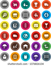 White Solid Icon Set- route vector, signpost, earth, office, money, traffic light, truck trailer, sea container, delivery, port, consolidated cargo, clipboard, document, glass, umbrella, warehouse