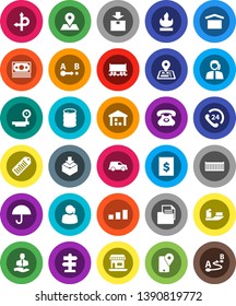 White Solid Icon Set- route vector, signpost, navigator, map pin, Railway carriage, office, money, phone, 24, support, client, traking, ship, sea container, car, receipt, document, umbrella, package