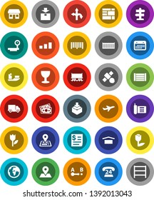 White Solid Icon Set- route vector, signpost, navigator, earth, map pin, Railway carriage, office, plane, satellite, money, phone, 24, ship, sea container, delivery, calendar, receipt, wood box, dry