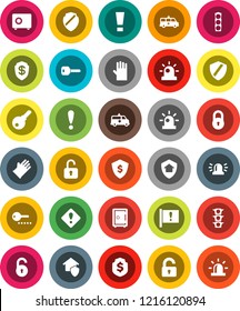 White Solid Icon Set- rubber glove vector, dollar shield, safe, attention, traffic light, amkbulance car, lock, unlock, key, sign, siren, home protect, password