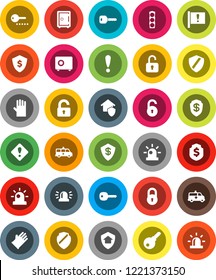 White Solid Icon Set- rubber glove vector, dollar shield, safe, attention, traffic light, amkbulance car, lock, unlock, key, sign, siren, home protect, password