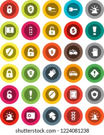 White Solid Icon Set- rubber glove vector, dollar shield, safe, attention, traffic light, amkbulance car, lock, unlock, key, sign, siren, home protect, password