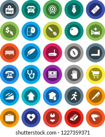 White Solid Icon Set- rubber glove vector, toilet paper, skimmer, pen, corner ruler, compass, school bus, gold ingot, cart, cash, case, arrow up, dollar cursor, fitball, swimsuite, target, phone 24