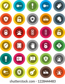 White Solid Icon Set- rubber glove vector, dollar shield, safe, attention, traffic light, amkbulance car, lock, unlock, key, sign, siren, home protect, password