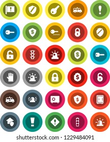 White Solid Icon Set- rubber glove vector, dollar shield, safe, attention, traffic light, amkbulance car, lock, unlock, key, sign, siren, home protect, password