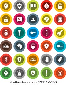 White Solid Icon Set- rubber glove vector, dollar shield, safe, attention, traffic light, amkbulance car, lock, unlock, key, sign, siren, home protect, password