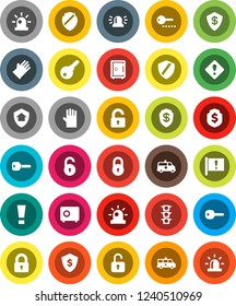 White Solid Icon Set- rubber glove vector, dollar shield, safe, attention, traffic light, amkbulance car, lock, unlock, key, sign, siren, home protect, password