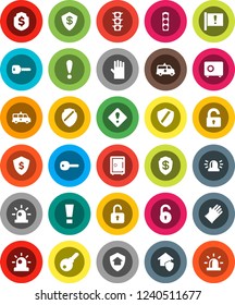 White Solid Icon Set- rubber glove vector, dollar shield, safe, attention, traffic light, amkbulance car, unlock, key, sign, siren, home protect, password