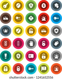 White Solid Icon Set- rubber glove vector, dollar shield, safe, attention, traffic light, amkbulance car, lock, unlock, key, sign, siren, home protect, password