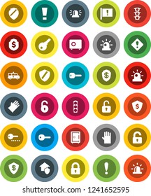 White Solid Icon Set- rubber glove vector, dollar shield, safe, attention, traffic light, amkbulance car, unlock, key, sign, siren, lock, home protect, password