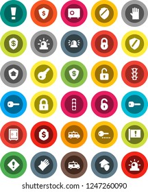 White Solid Icon Set- rubber glove vector, dollar shield, safe, attention, traffic light, amkbulance car, lock, unlock, key, sign, siren, home protect, password