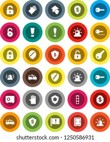 White Solid Icon Set- rubber glove vector, dollar shield, safe, attention, traffic light, amkbulance car, unlock, key, sign, siren, lock, home protect, password