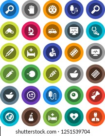 White Solid Icon Set- rubber glove vector, disabled, heart cross, thermometer, flask, magnifier, pregnancy, insemination, syringe, broken bone, stethoscope, pills, blister, mortar, microscope, ovule